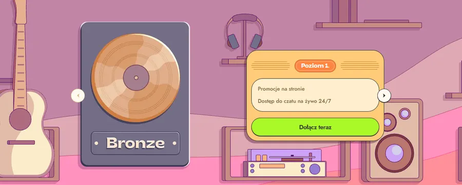 Scena programu VIP Vinyl Casino: płyta Bronze, gitara i karta Poziom 1